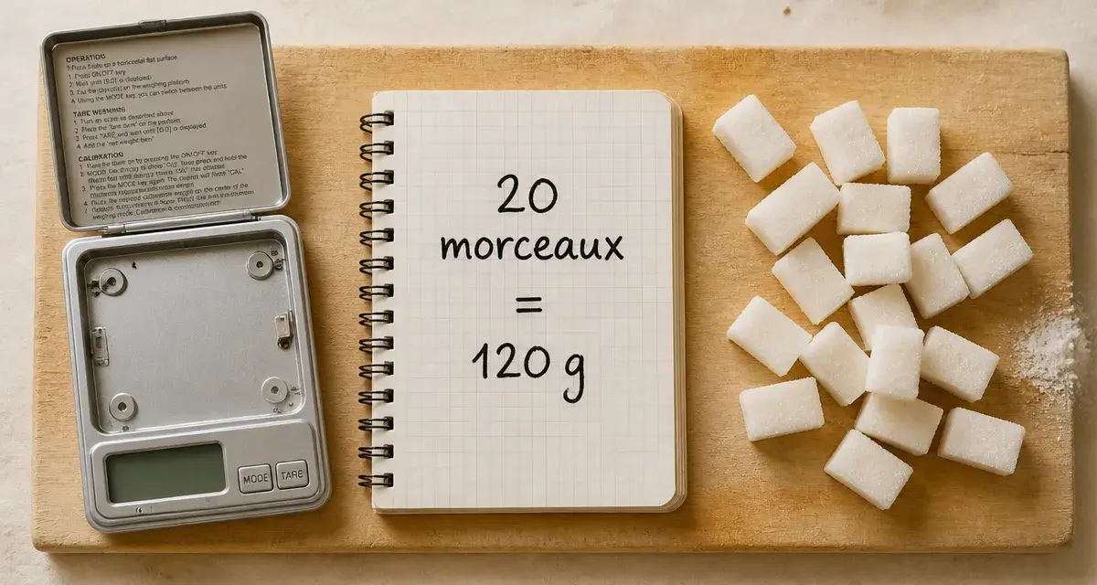 20 morceaux de sucre en gramme : 120 g, guide conversion recettes