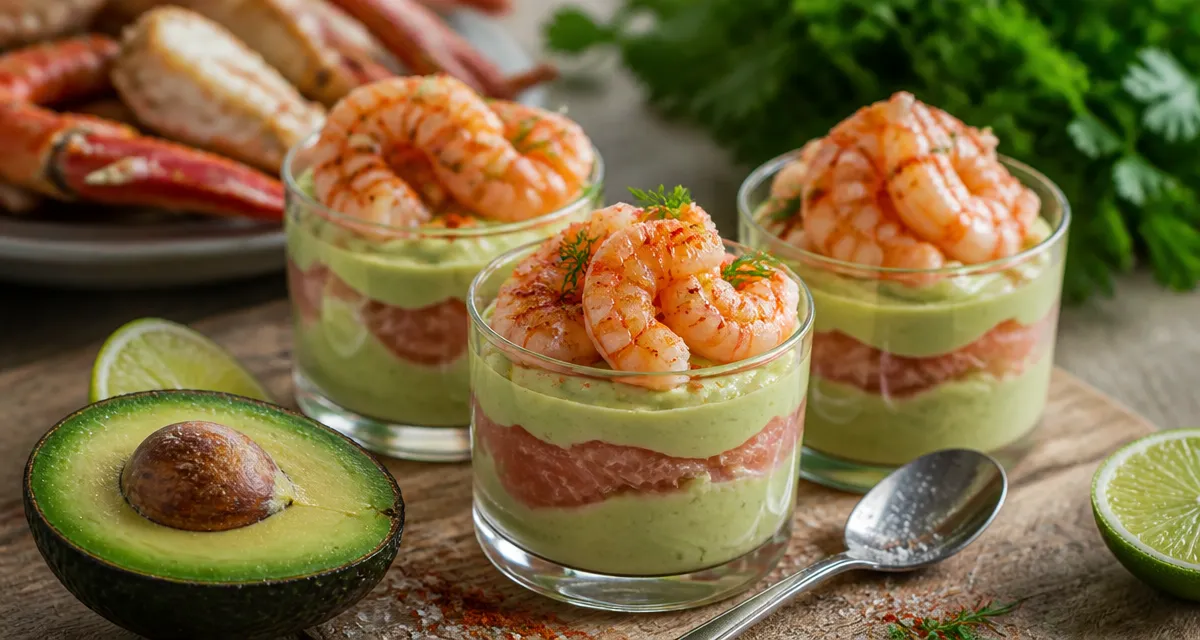 Avocat en entrée en verrines sans oxydation, crevettes et citron