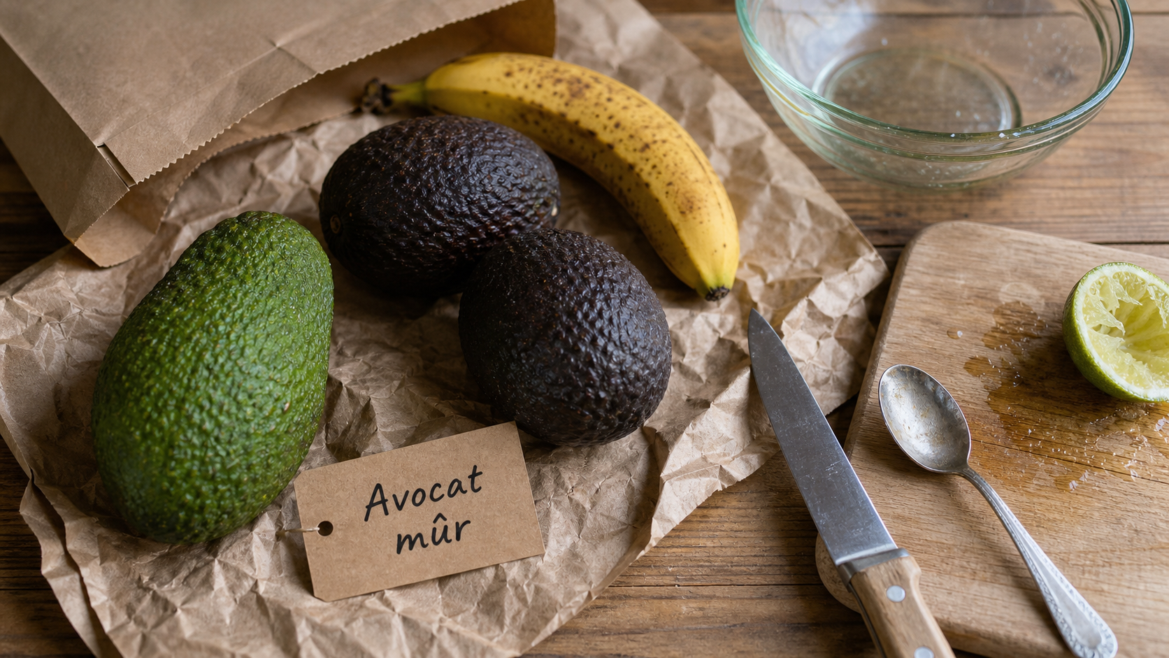 Avocat mure : trois avocats prêts à mûrir sur table