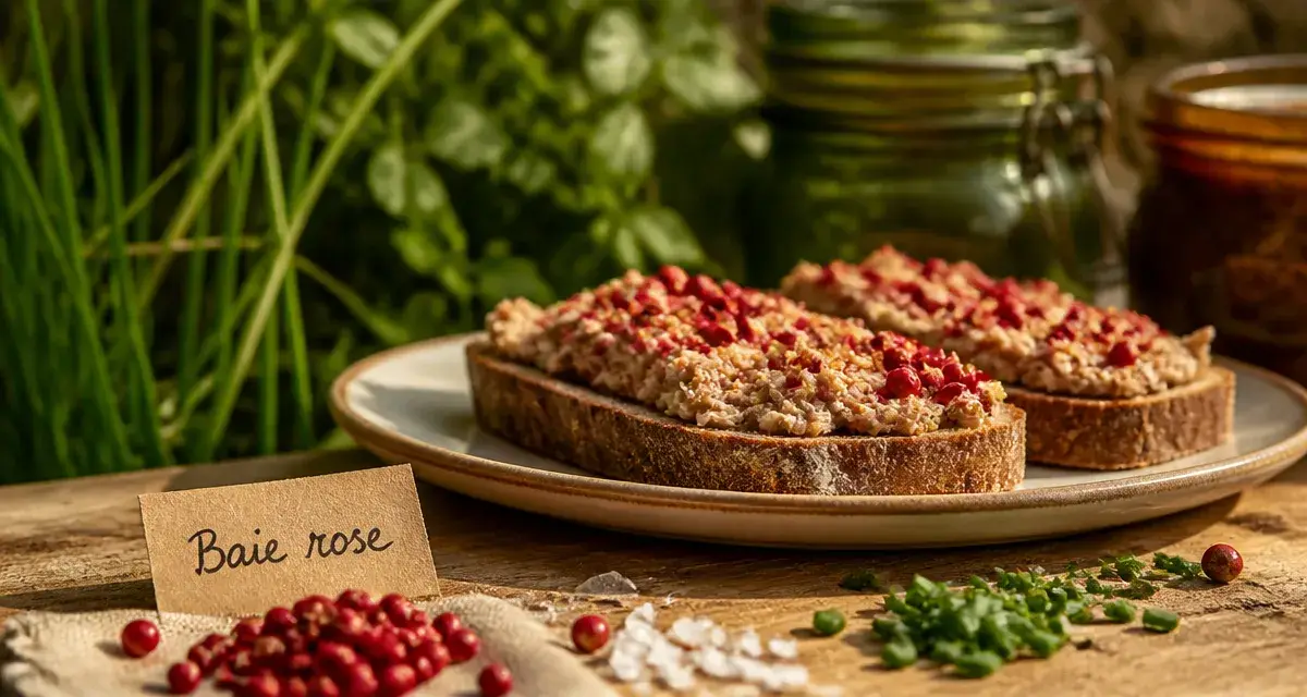 Baie rose sur rillettes de thon, faux poivre