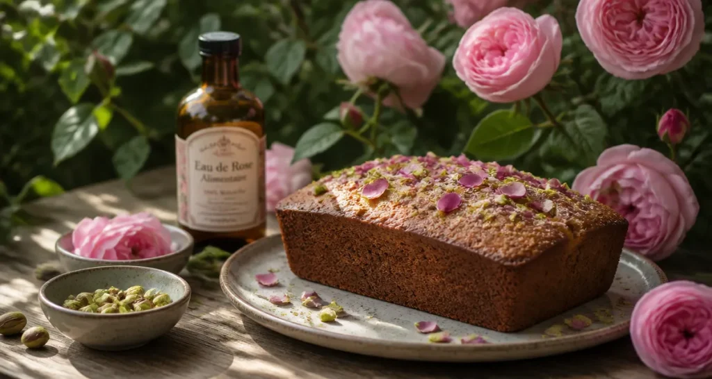 cake à la pistache et eau de rose alimentaire sur table jardin
