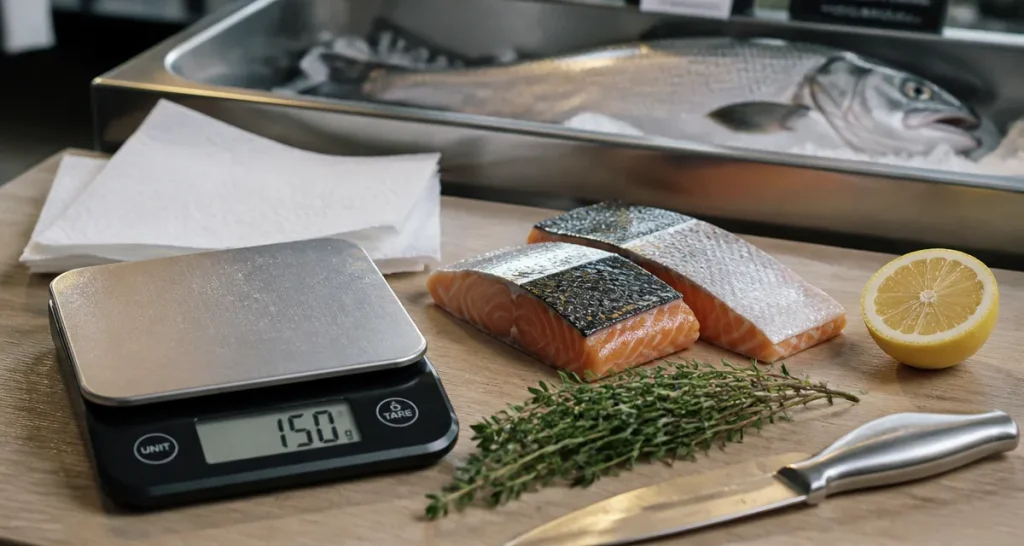 Combien de gramme de poisson par personne : 150 g sur balance