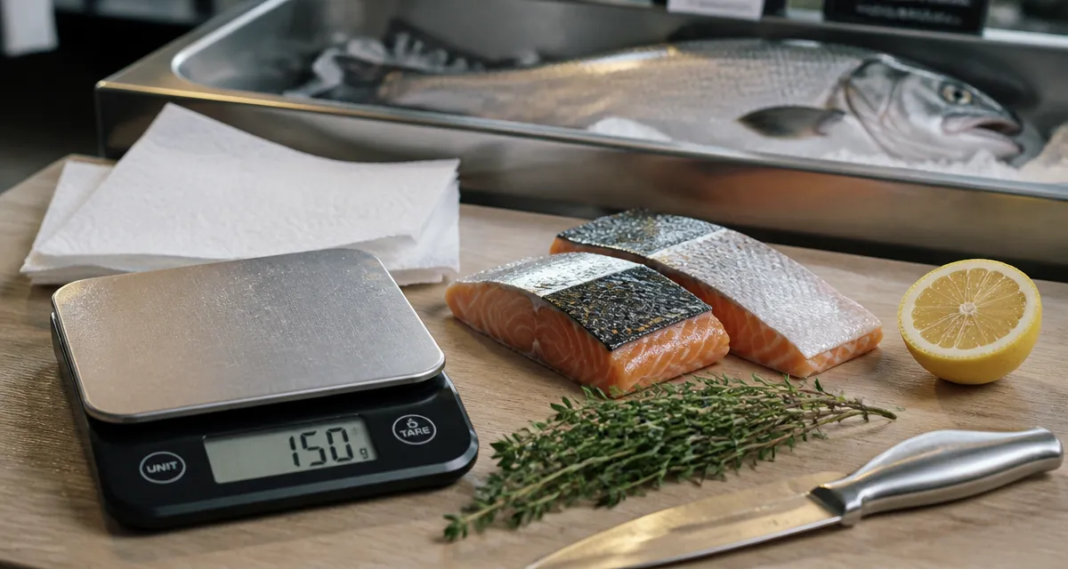 Combien de gramme de poisson par personne : 150 g sur balance