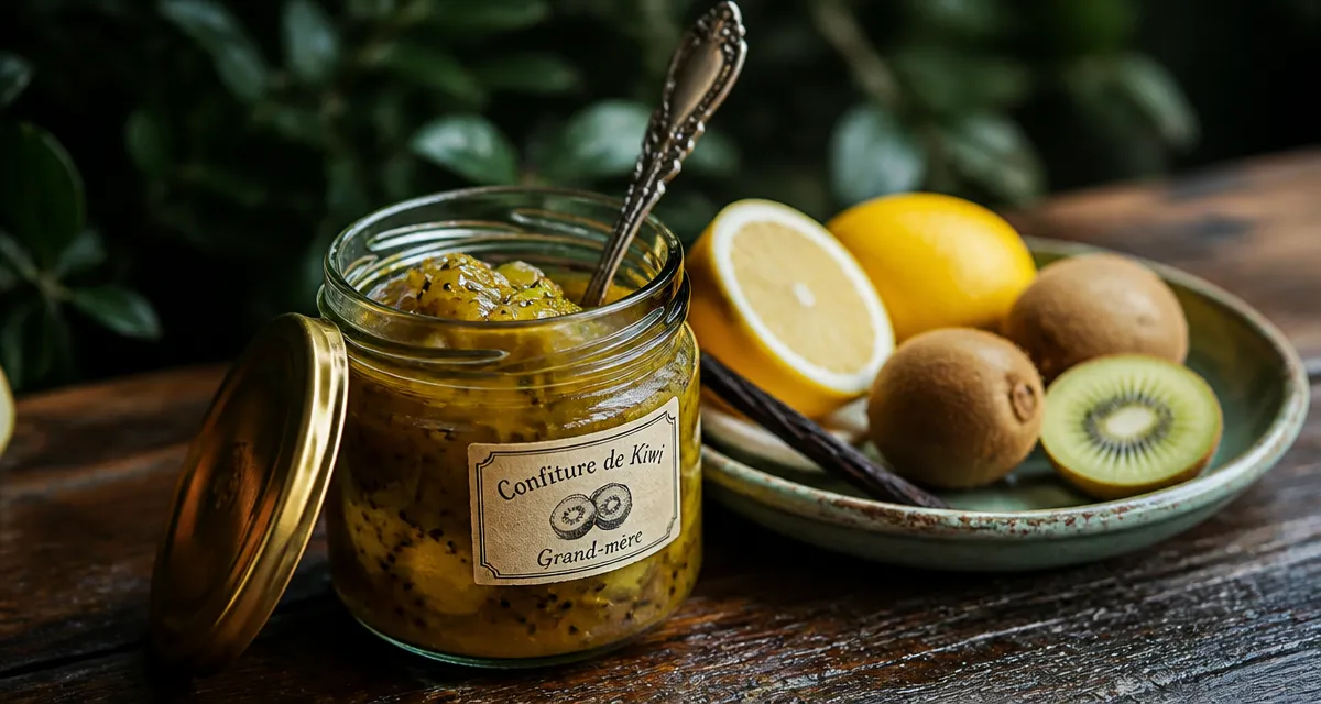 Confiture de kiwi de grand-mère maison en pot sur table en bois