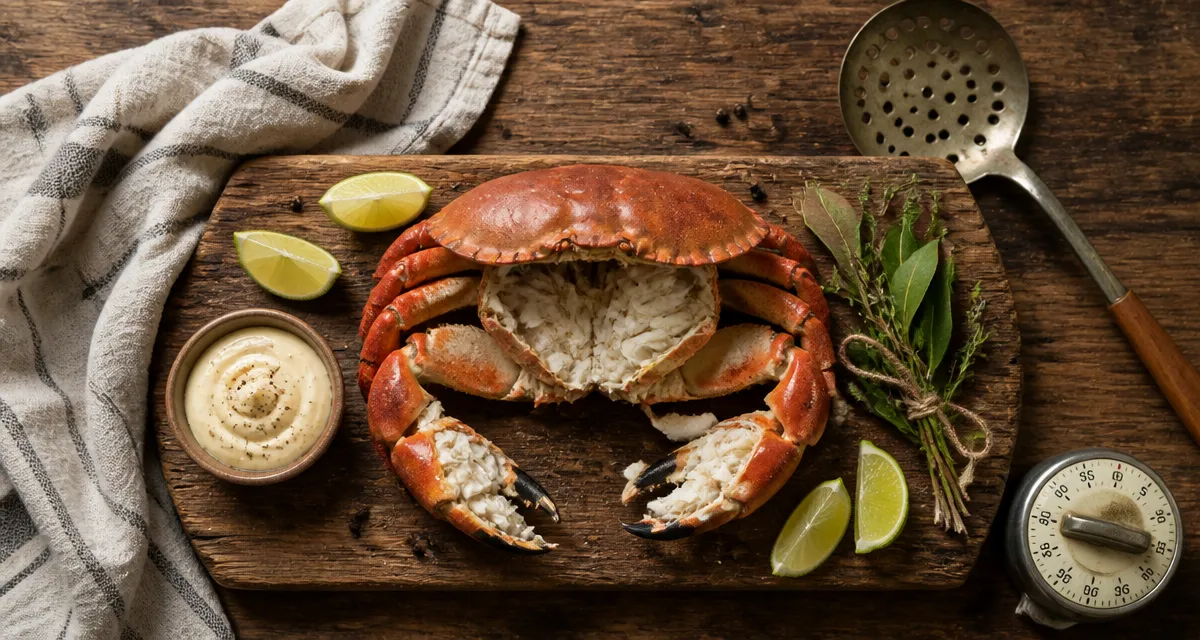 Cuisson des crabes, tourteau décortiqué sur planche avec citron et mayonnaise