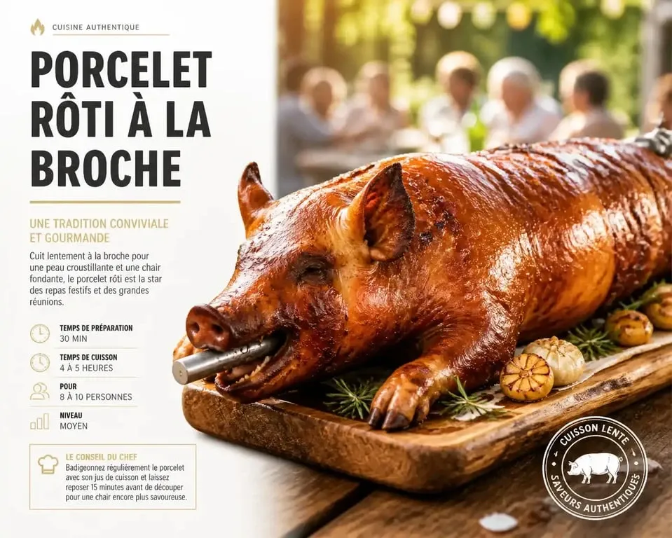 Porcelet à la broche rôti et croustillant prêt à être servi
