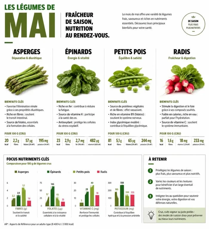Infographie des bienfaits nutritionnels des légumes de mai