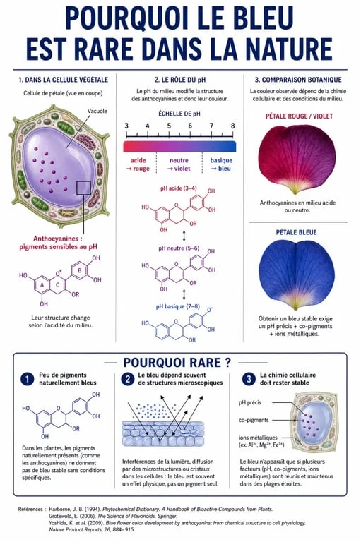 Infographie expliquant la rareté des aliments bleus et le rôle des anthocyanines dans la nature
