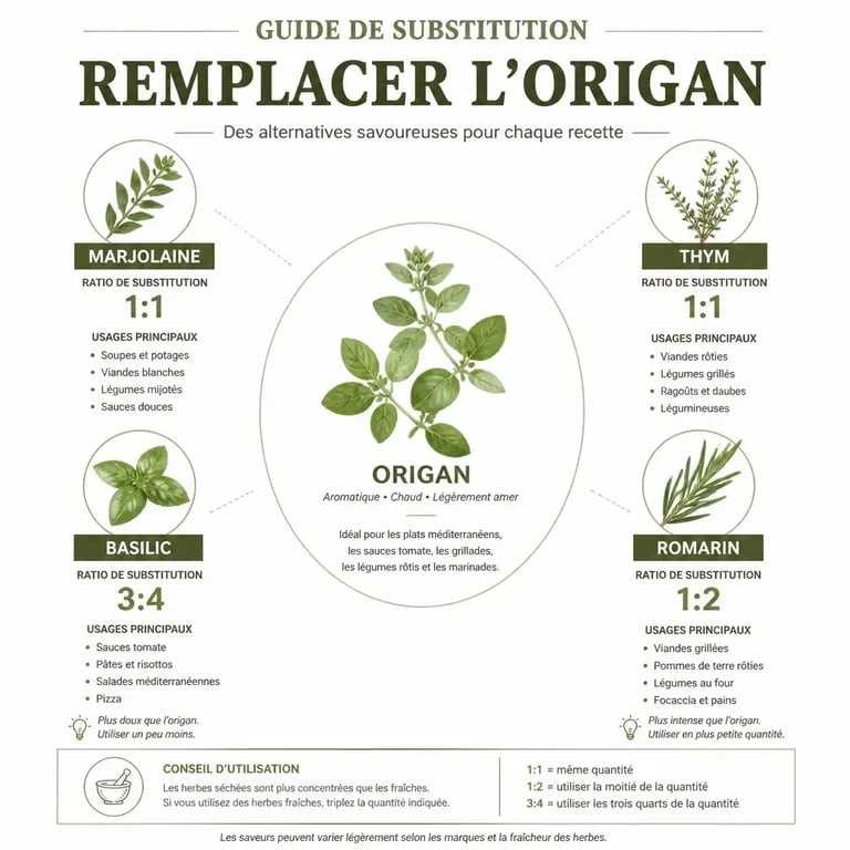 Infographie comparative des substituts de l'origan en cuisine : marjolaine, thym, basilic et romarin avec dosages et usages.