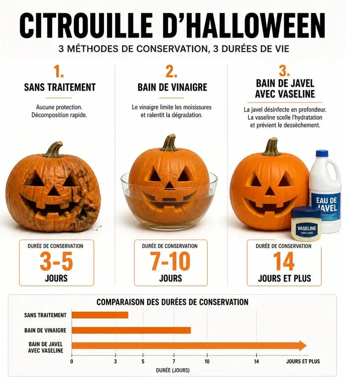 Infographie comparative des méthodes pour conserver une citrouille d'Halloween