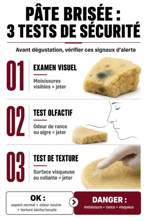 Infographie des signes de détérioration d'une pâte brisée périmée pour éviter les risques sanitaires