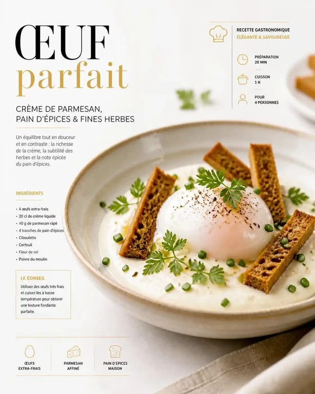 Exemple de dressage pour un menu Un dîner presque parfait avec un œuf parfait et crème de parmesan