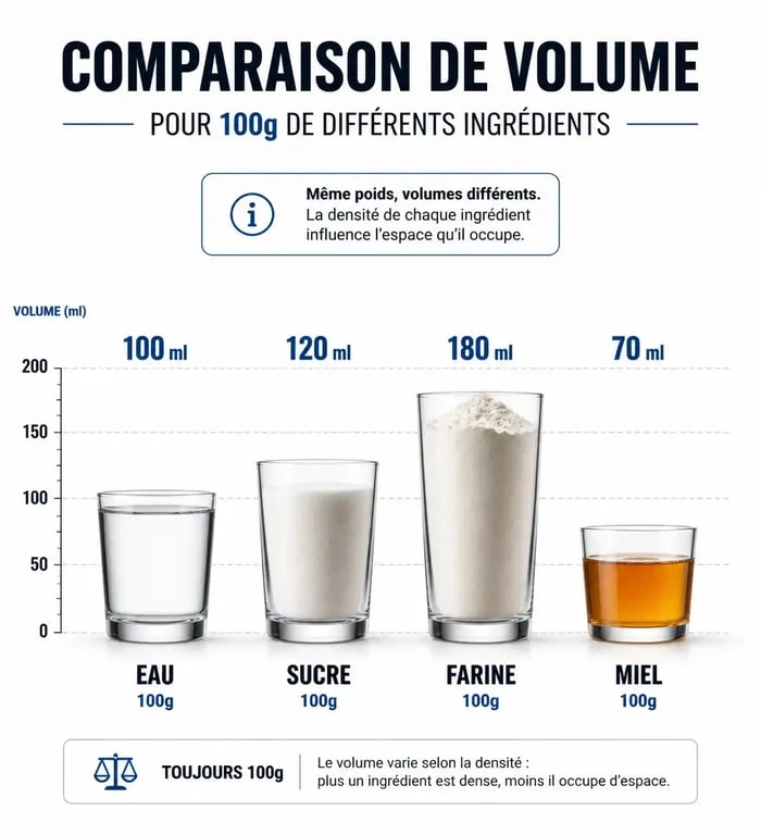 Infographie comparative des volumes pour 100g de différents ingrédients en cuisine