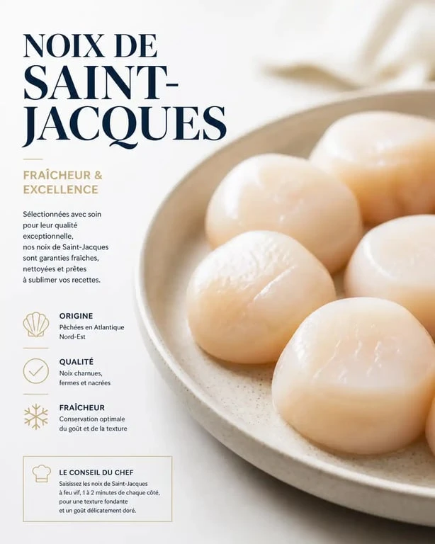 Noix de Saint-Jacques fraîches nettoyées et parées prêtes à être cuisinées