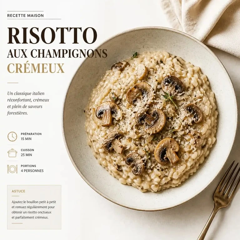 Menu semaine 1 personne : risotto aux champignons crémeux servi dans une assiette individuelle