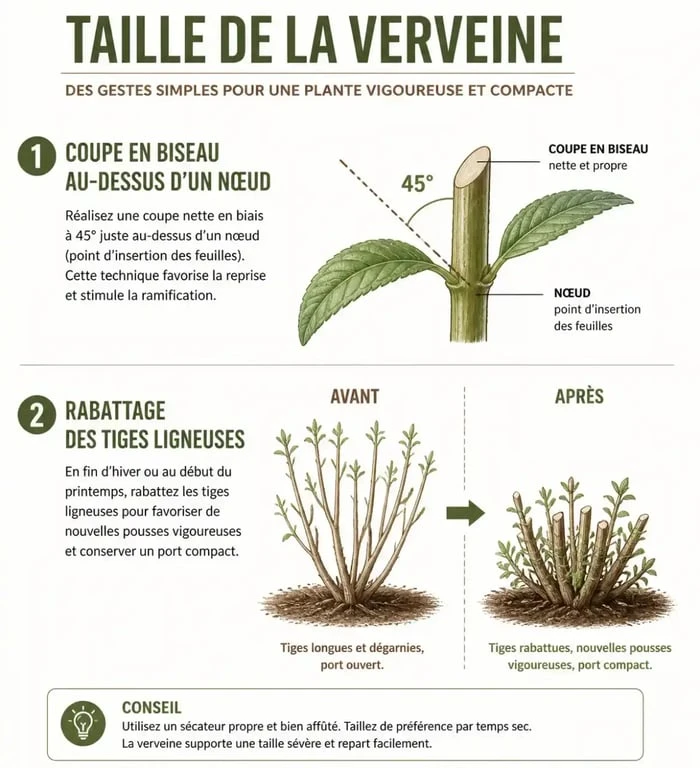 Schéma explicatif des étapes pour tailler la verveine citronnelle et les autres variétés