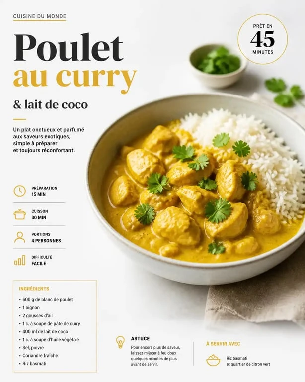 Plat de poulet au curry et lait de coco, une recette savoureuse à base de poulet