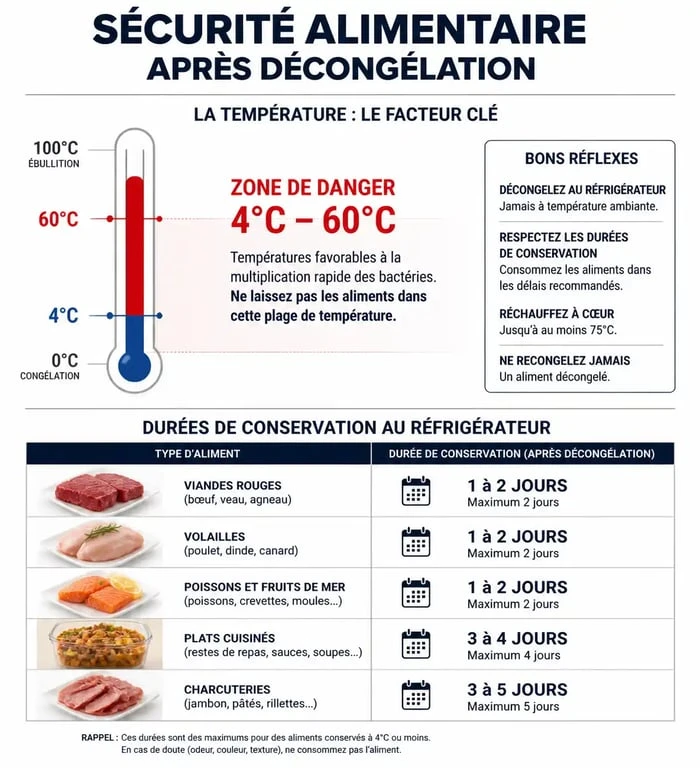 Infographie sur la sécurité alimentaire et le temps de conservation d'un produit décongelé au frigo