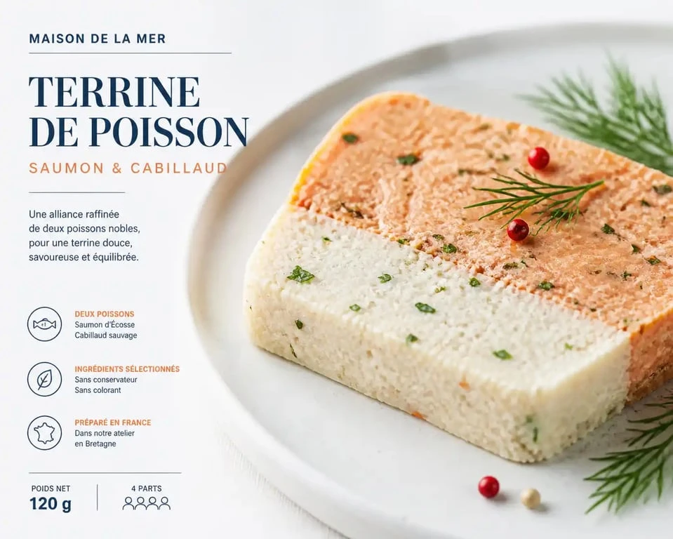 Tranche de terrine de poisson saumon cabillaud présentée sur une assiette