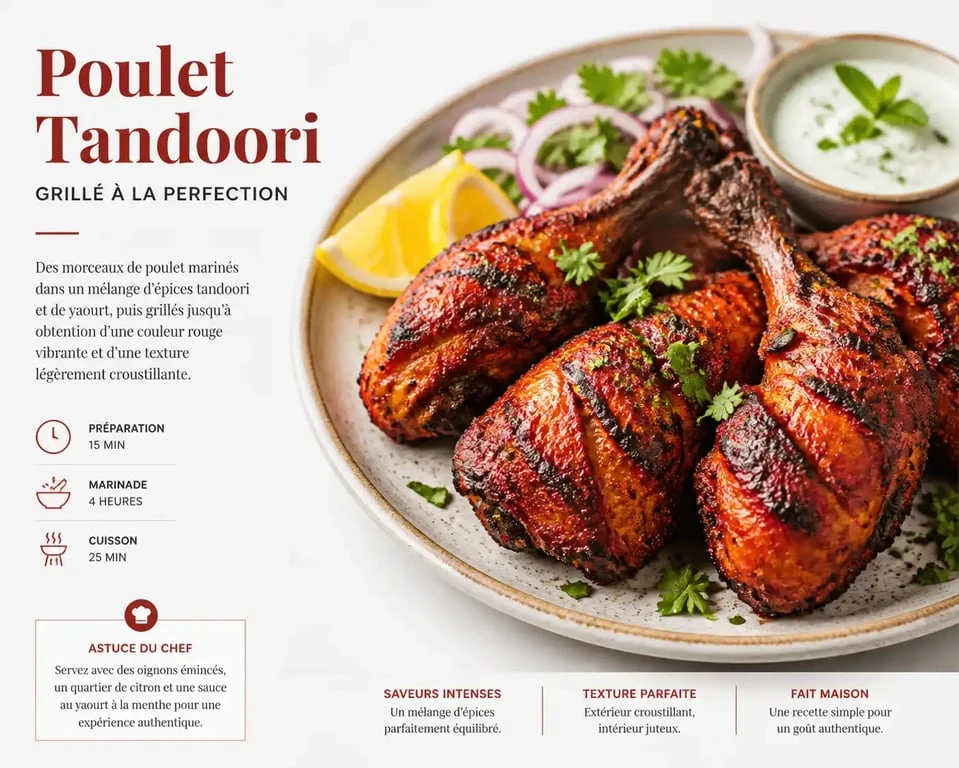 Poulet tandoori maison aux épices tandoori, servi chaud avec des herbes fraîches