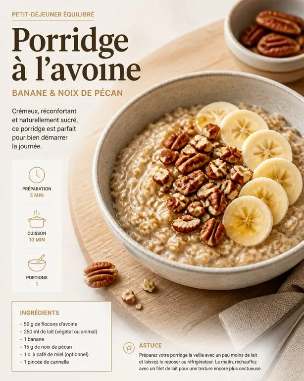 Bol de porridge à la banane et aux noix de pécan, une recette de porridge saine et gourmande pour le petit-déjeuner