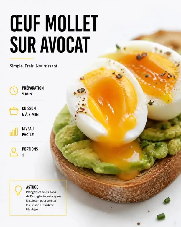 Œuf mollet temps de cuisson parfait avec jaune coulant sur toast d'avocat