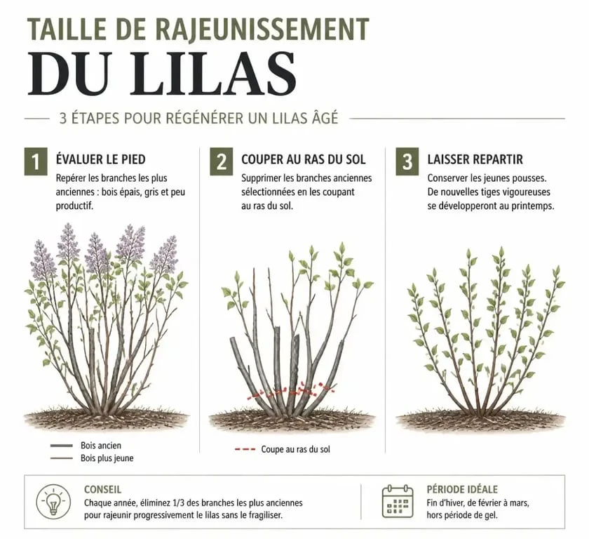 Schéma explicatif de la taille du lilas pour le rajeunissement de l'arbuste