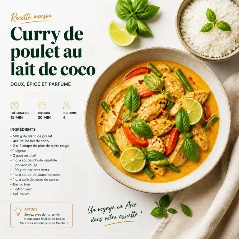 Curry de poulet au lait de coco, une recette avec pâte de curry rouge savoureuse et facile à réaliser.