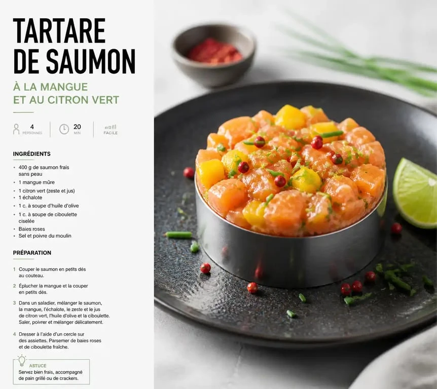 Tartare de saumon à la mangue et au citron vert, une idée raffinée parmi nos entrées froides.