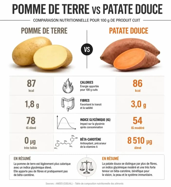 Comparatif nutritionnel entre la patate douce et la pomme de terre : calories, fibres et indice glycémique.
