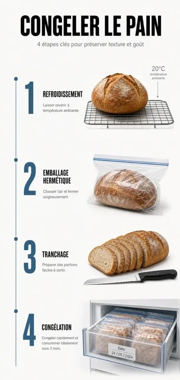 Infographie des étapes pour congeler le pain de manière optimale