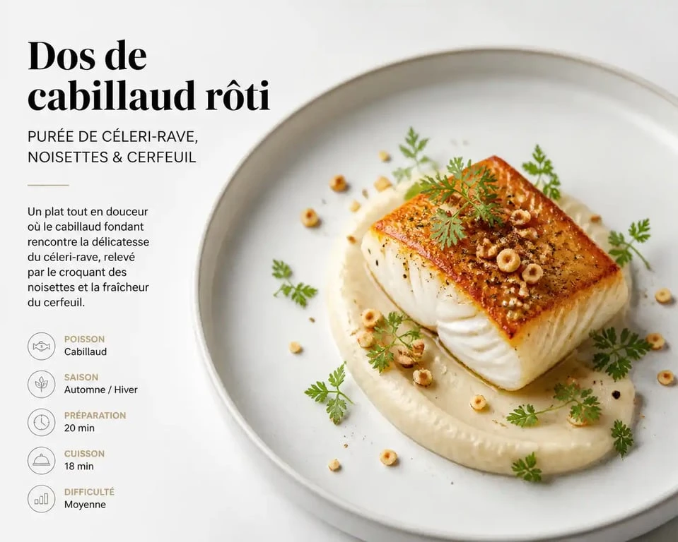 Dos de cabillaud rôti accompagné de purée de céleri-rave et noisettes, une idée d'accompagnement pour cabillaud raffinée.