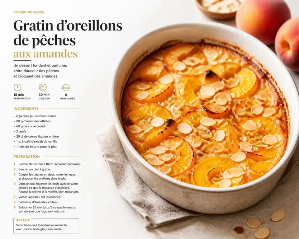 Gratin d'oreillons de pêche aux amandes, une recette gourmande et rapide
