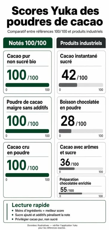 Comparatif des meilleurs chocolats en poudre selon Yuka : scores nutritionnels et qualité des ingrédients.