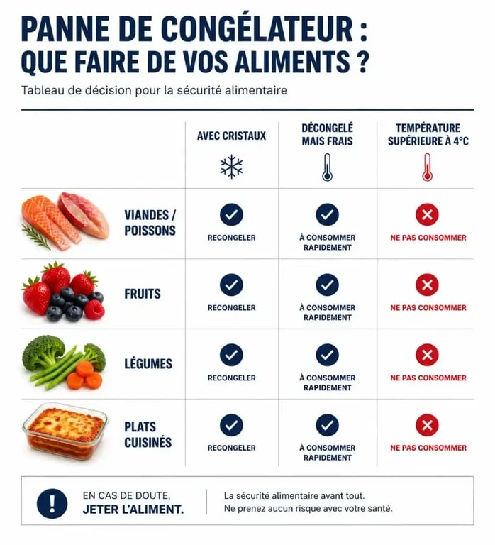 Tableau récapitulatif des règles de sécurité alimentaire pour la recongélation des aliments après une panne de congélateur