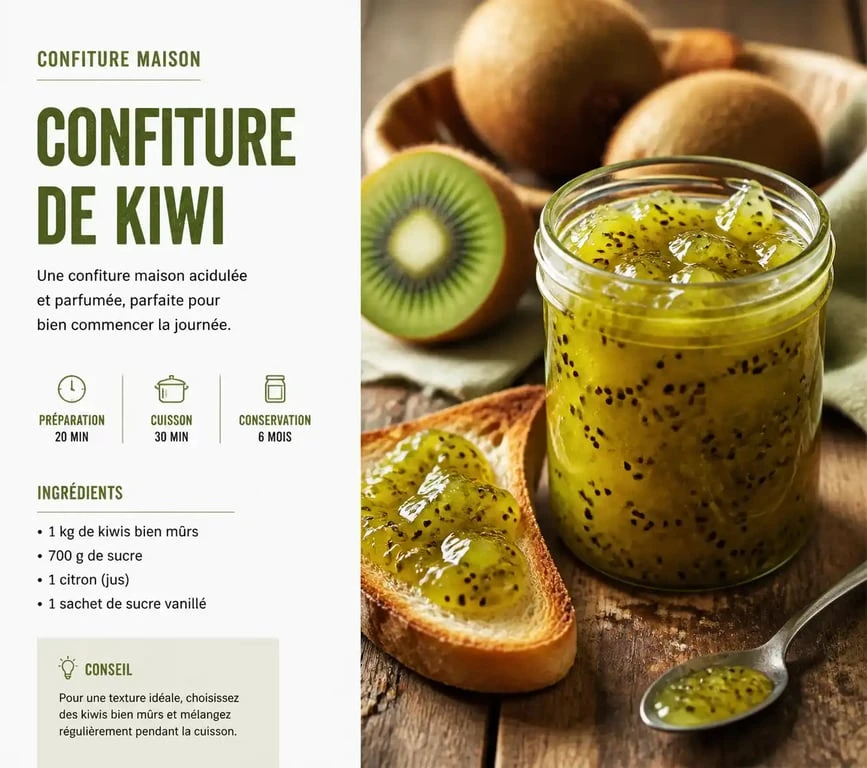 Pot de confiture de kiwi de grand-mère maison sur une table