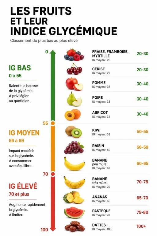 Infographie de l'indice glycémique des fruits classés par catégorie de bas à élevé