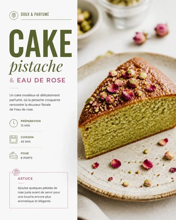 Cake moelleux à la pistache et à l'eau de rose alimentaire, une pâtisserie raffinée et parfumée.