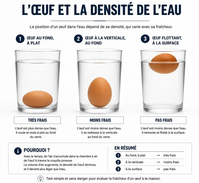 Infographie montrant les trois étapes du test de flottaison pour reconnaître des œufs frais