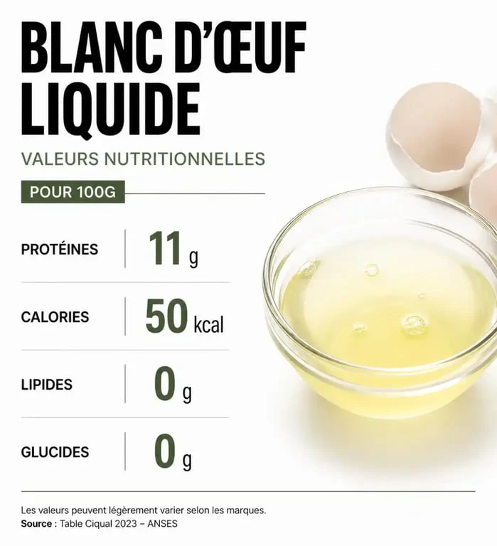 Infographie des valeurs nutritionnelles du blanc d'œuf liquide Lidl pour une alimentation sportive