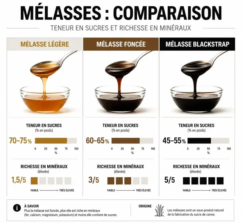 Infographie comparative des types de mélasse : légère, foncée et noire (Blackstrap) selon leur teneur en sucre et minéraux