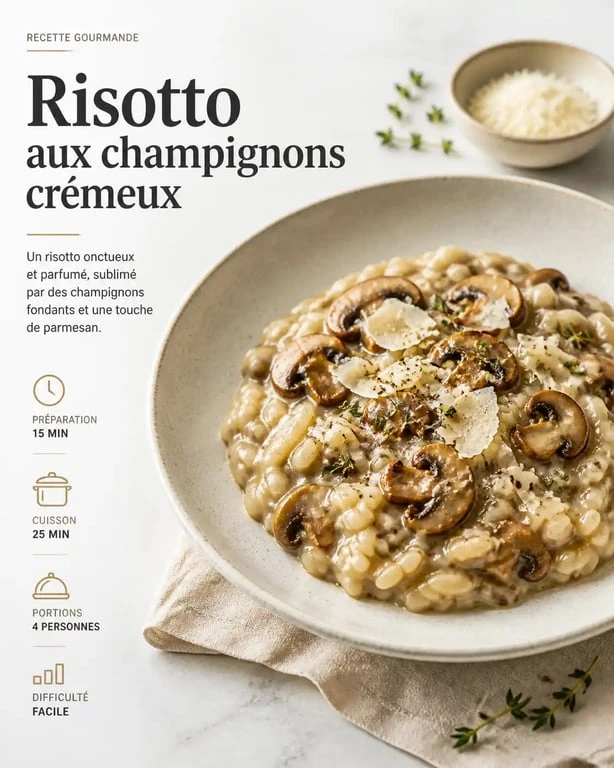 Risotto aux champignons préparé sans vin blanc, une alternative savoureuse pour remplacer le vin blanc dans vos recettes.