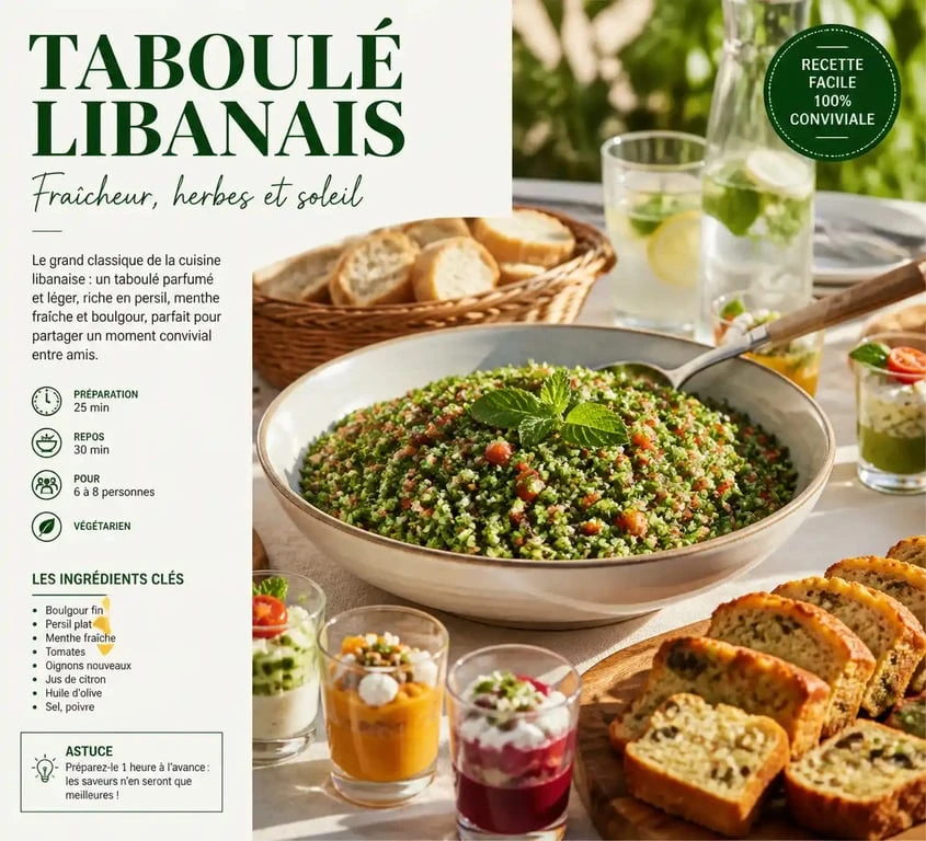 Table dressée pour un repas froid entre amis avec un taboulé libanais et des plats variés
