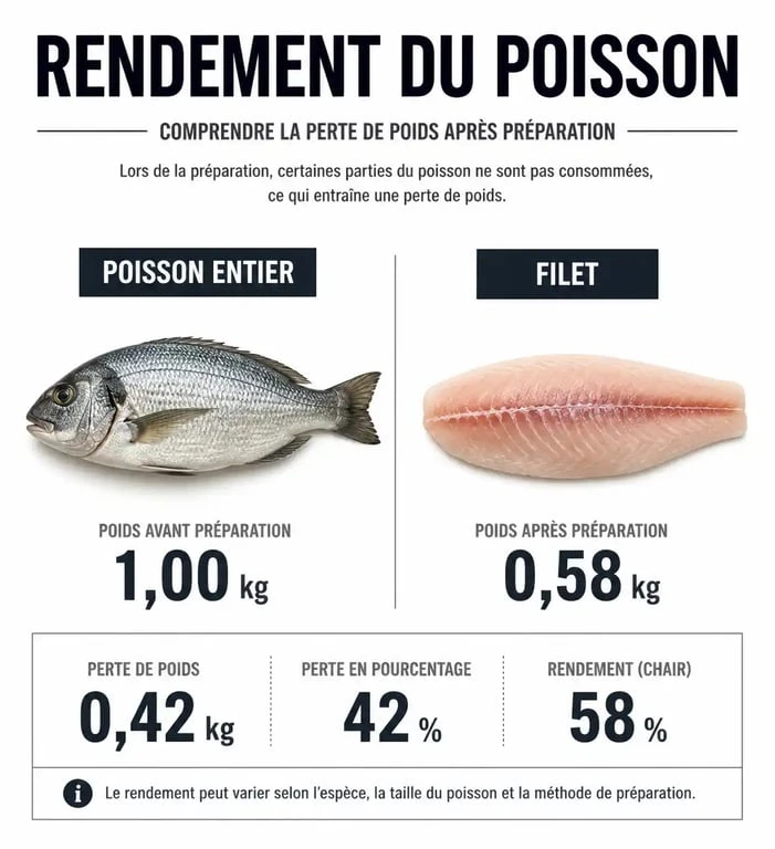 Infographie montrant le rendement du poisson entre le poids brut et le poids net pour savoir combien de grammes de poisson par personne acheter.