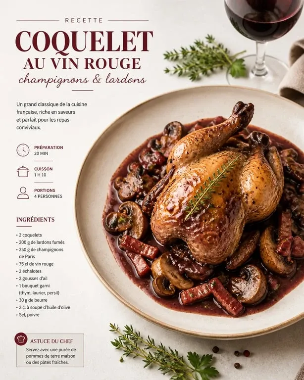 Coquelet au vin rouge préparé au Cookeo dans une assiette élégante