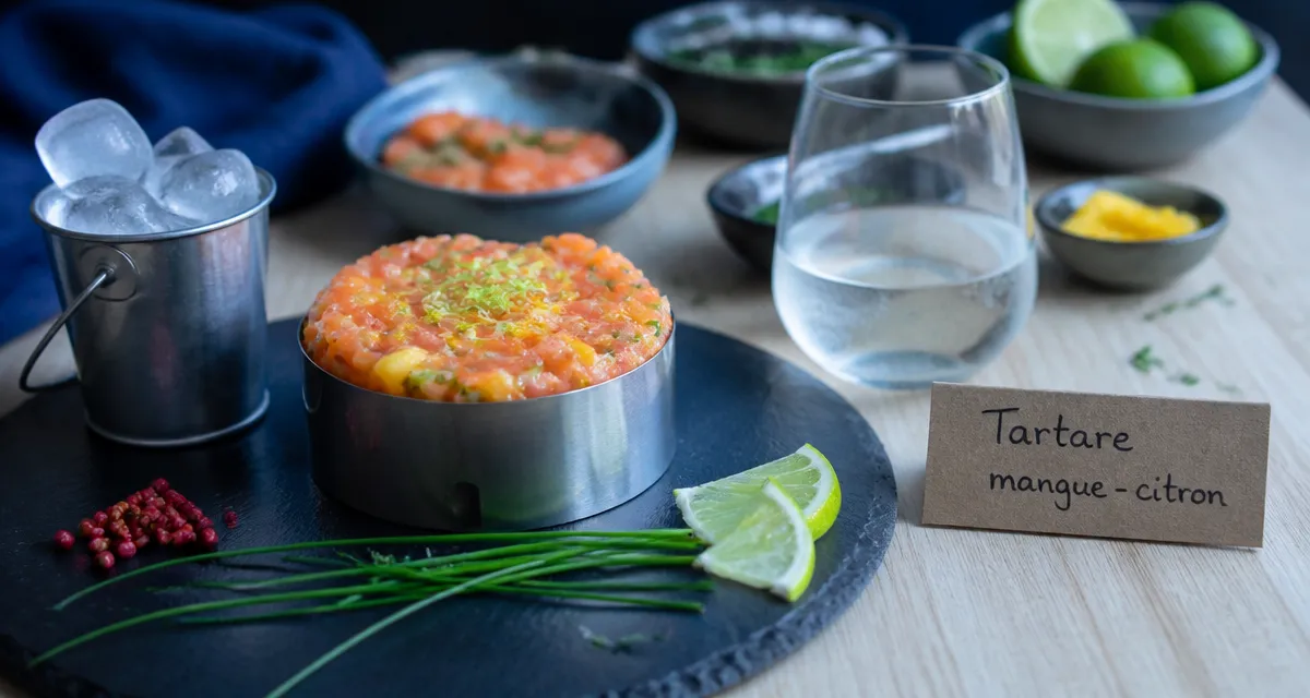 Entrees froides : tartare de saumon mangue-citron vert sur ardoise sombre