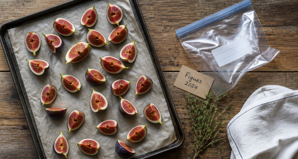 figues congelées à plat sur plaque avec sac et étiquette