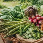 Legume mai : panier de primeurs de mai (asperges, pois, radis, carottes)