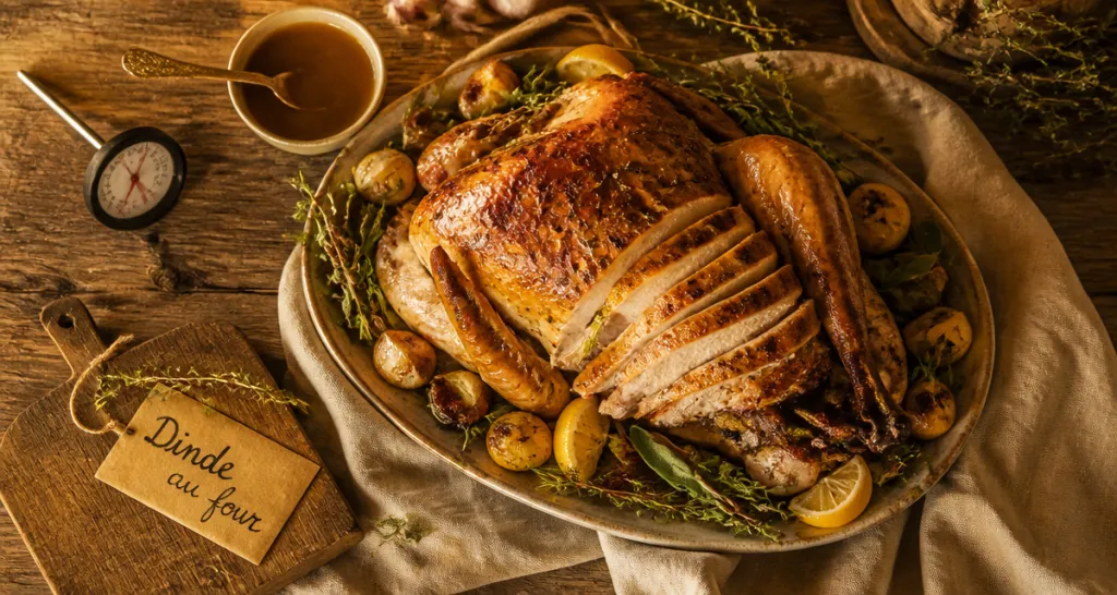 Meilleur recette de dinde au four, dinde dorée et découpée sur table festive