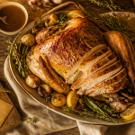 Meilleur recette de dinde au four, dinde dorée et découpée sur table festive